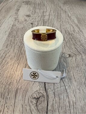 Tory Burch Gold-Tone Ring with Burgundy Enamel and Logo Accent
